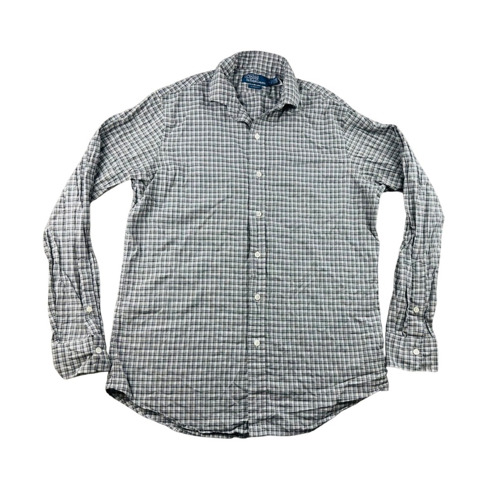 Polo‎ Ralph Lauren Shirt Men M Blue Gray Classic Fit Plaid Long Sleeve Cotton